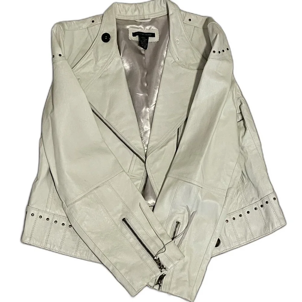 BOSTON PROPER WHITE LEATHER MOTO JACKET WITH STUDS SIZE LARGE - Picture 2 of 11